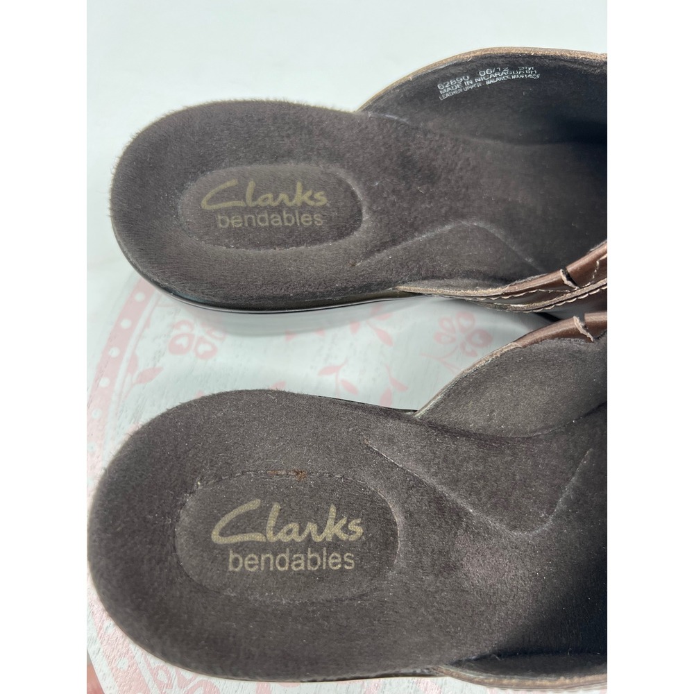 CLARKS Bendables Mules Women 9M Brown Leather Wedge Slide Stitch 62890 Cushioned - Picture 4 of 15